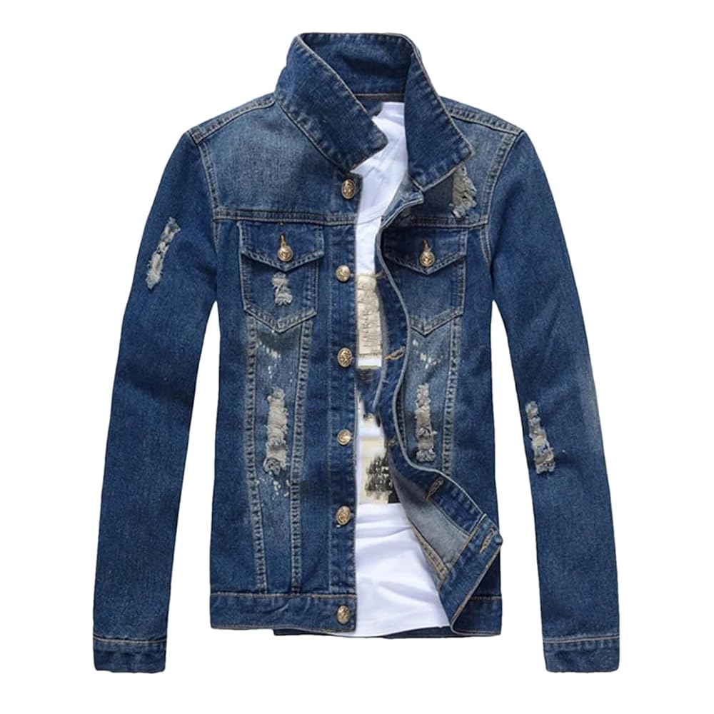 Men's Denim Jacket Fashion Hole Lapel Streetwear Motorcycle